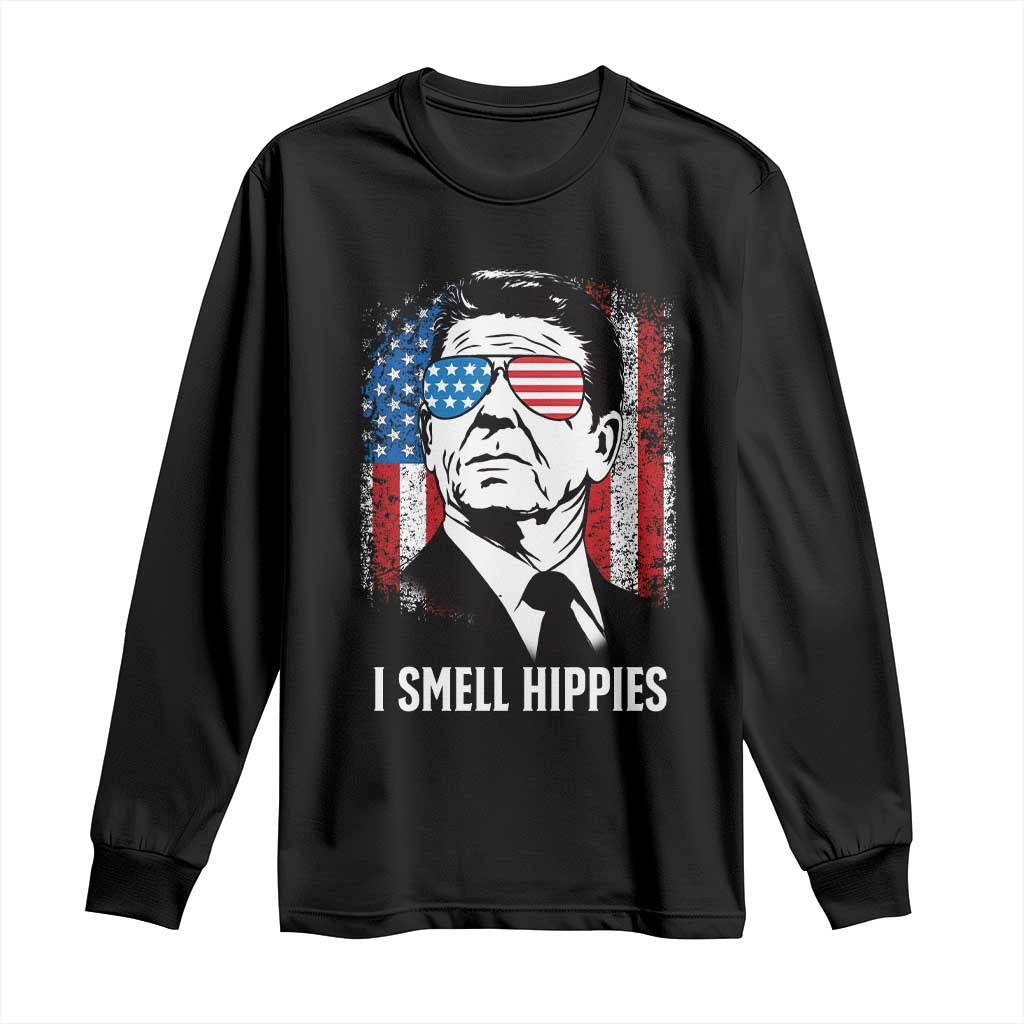 Ronald Reagan 4th of July America Flag Long Sleeve Shirt I Smell Hippies