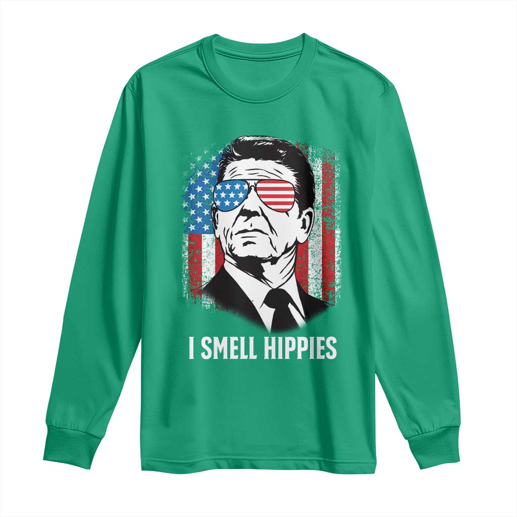 Ronald Reagan 4th of July America Flag Long Sleeve Shirt I Smell Hippies