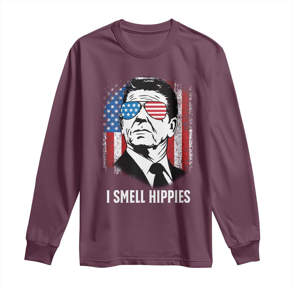 Ronald Reagan 4th of July America Flag Long Sleeve Shirt I Smell Hippies