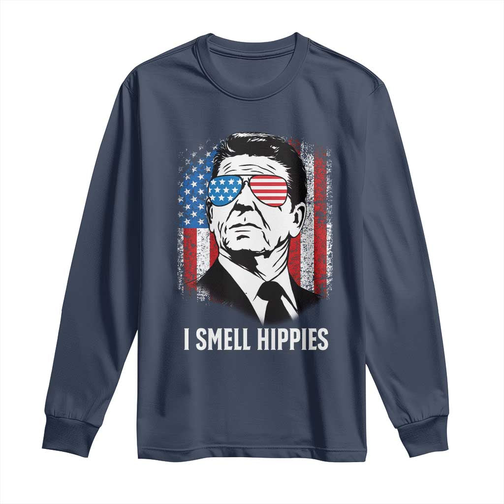Ronald Reagan 4th of July America Flag Long Sleeve Shirt I Smell Hippies