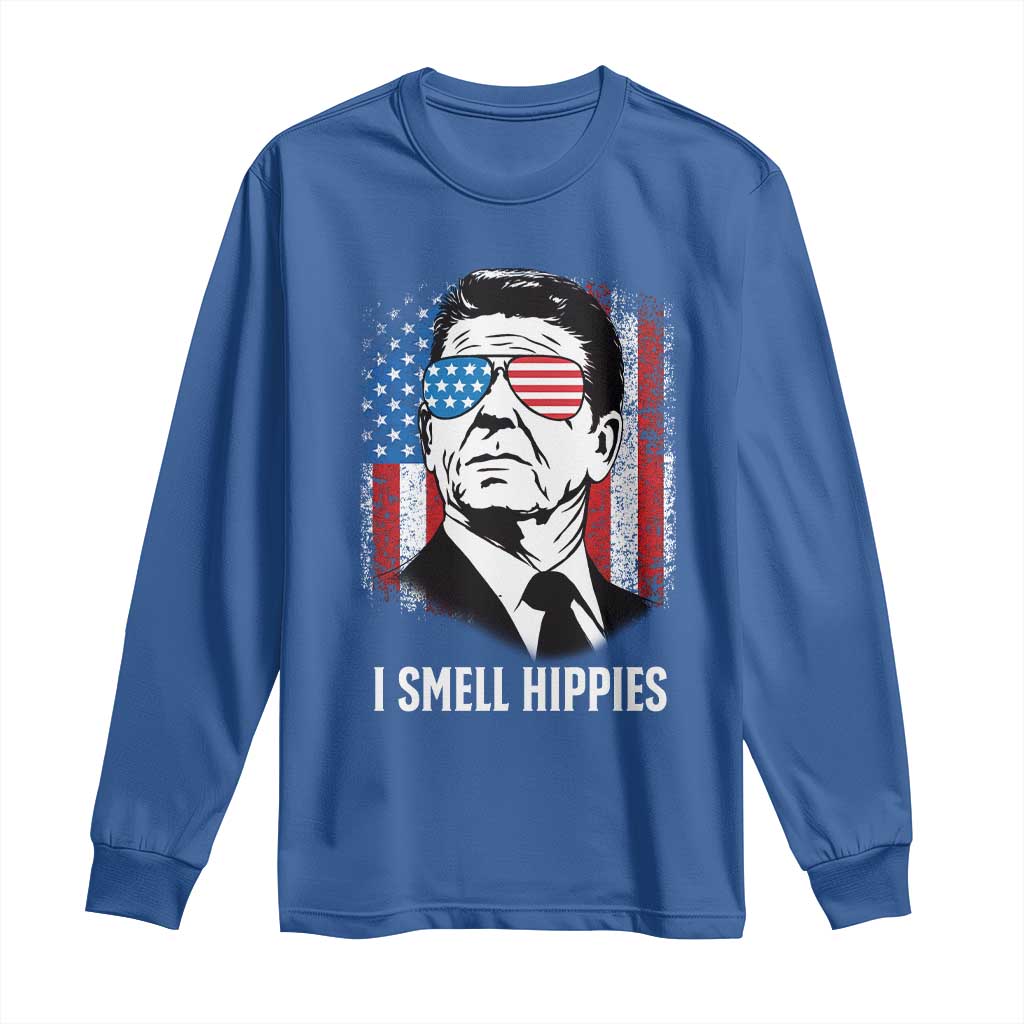 Ronald Reagan 4th of July America Flag Long Sleeve Shirt I Smell Hippies