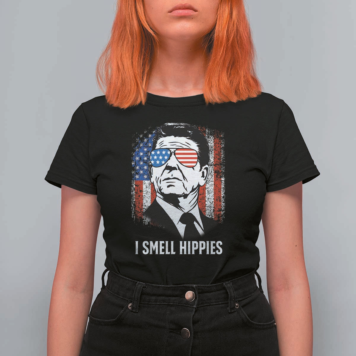 Ronald Reagan 4th of July America Flag T Shirt For Women I Smell Hippies