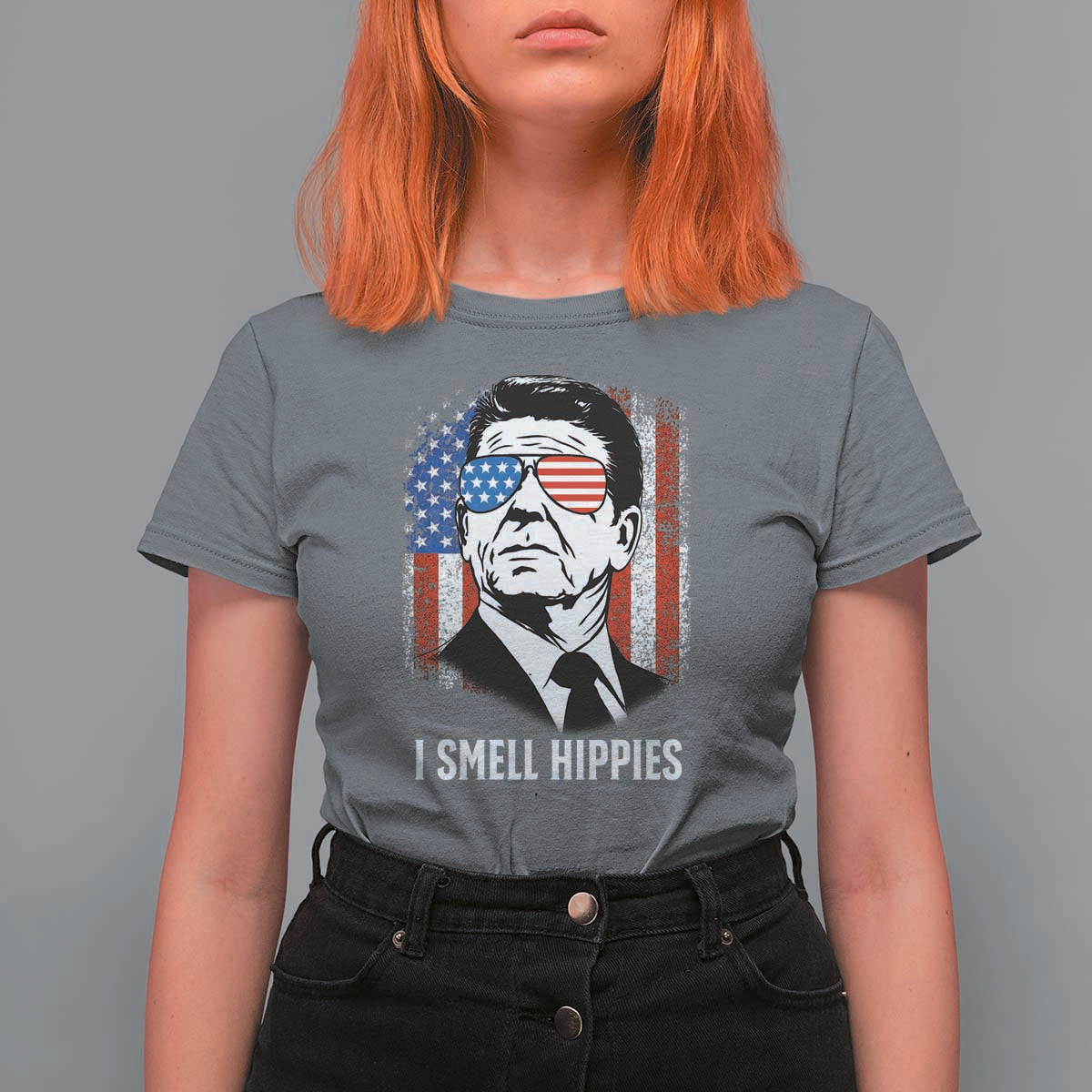 Ronald Reagan 4th of July America Flag T Shirt For Women I Smell Hippies