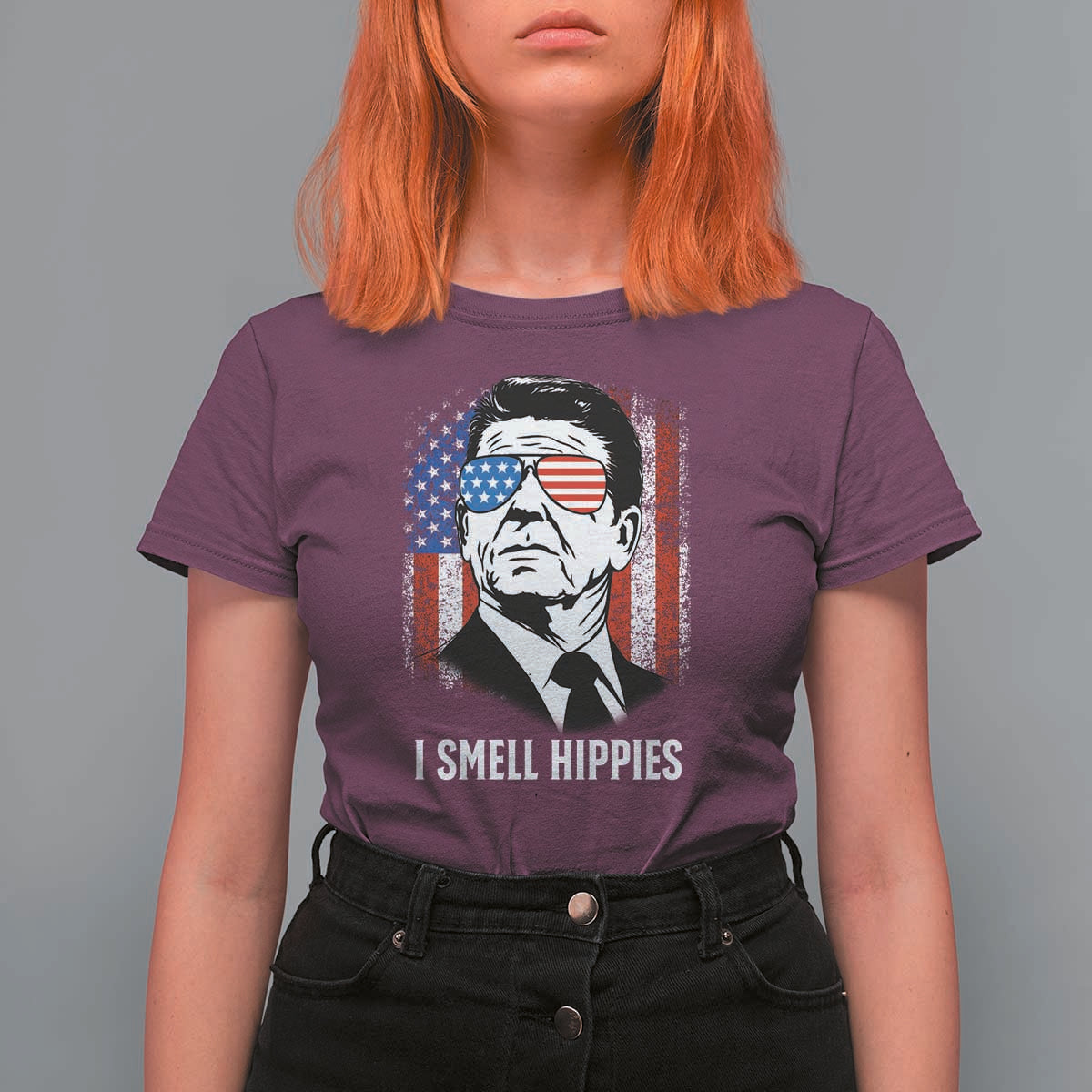Ronald Reagan 4th of July America Flag T Shirt For Women I Smell Hippies