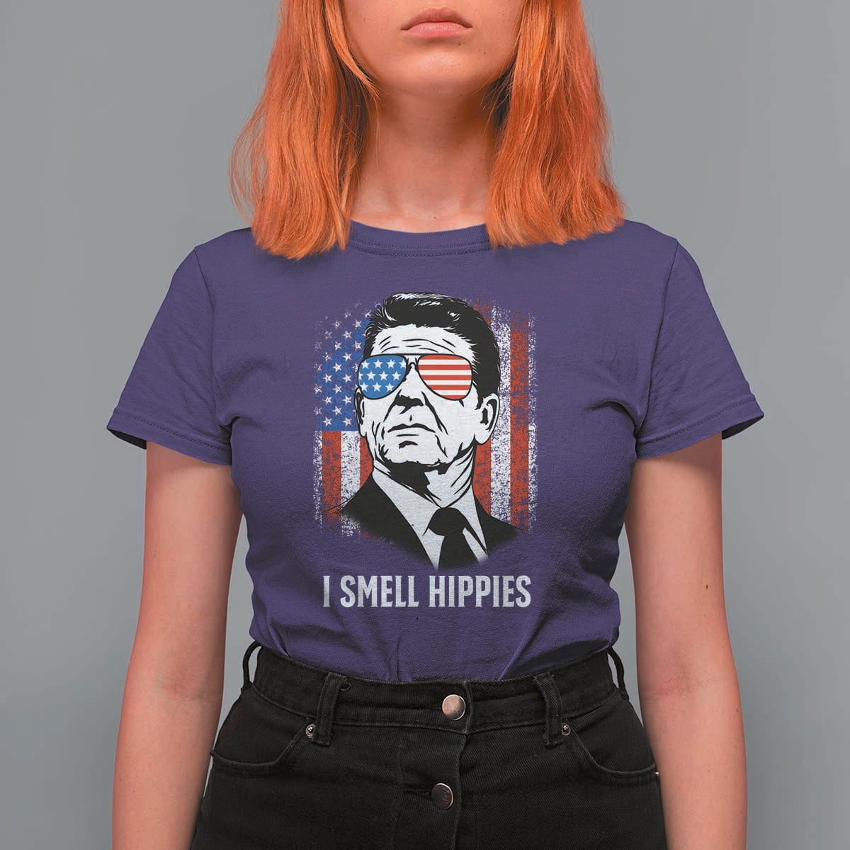 Ronald Reagan 4th of July America Flag T Shirt For Women I Smell Hippies