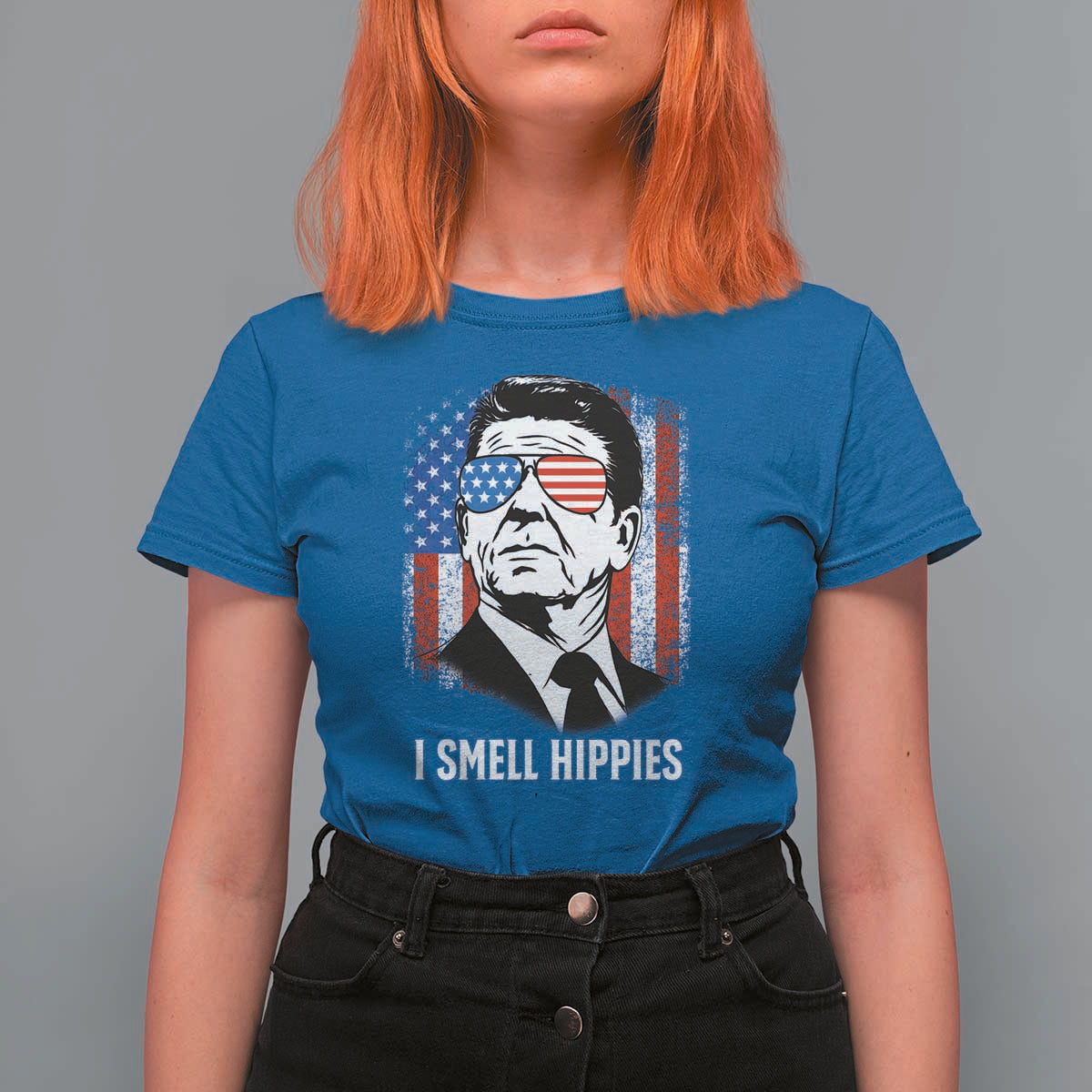 Ronald Reagan 4th of July America Flag T Shirt For Women I Smell Hippies