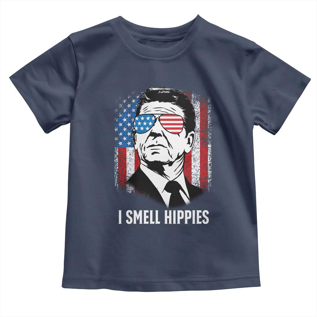Ronald Reagan 4th of July America Flag Toddler T Shirt I Smell Hippies