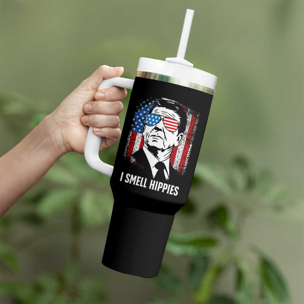 Ronald Reagan 4th of July America Flag Tumbler With Handle I Smell Hippies
