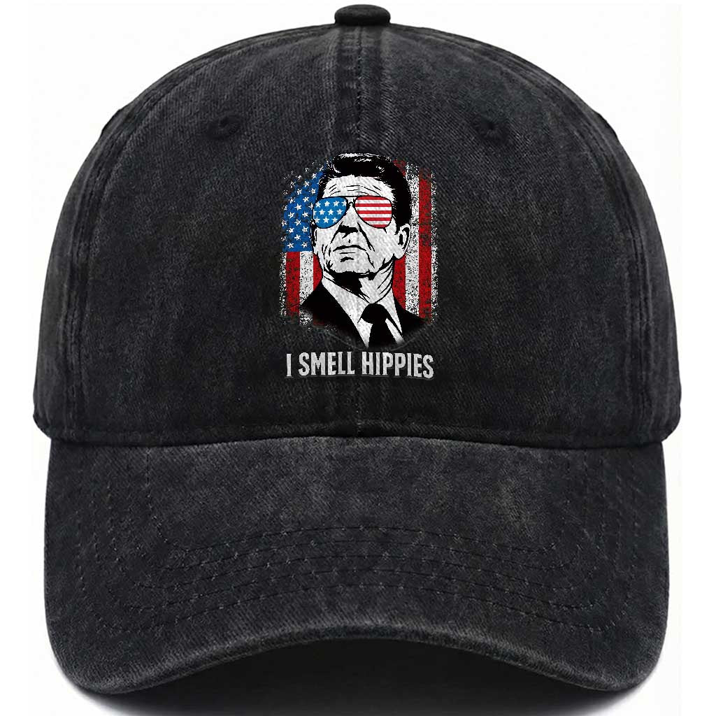 Ronald Reagan 4th of July America Flag Washed Cotton Baseball Cap I Smell Hippies