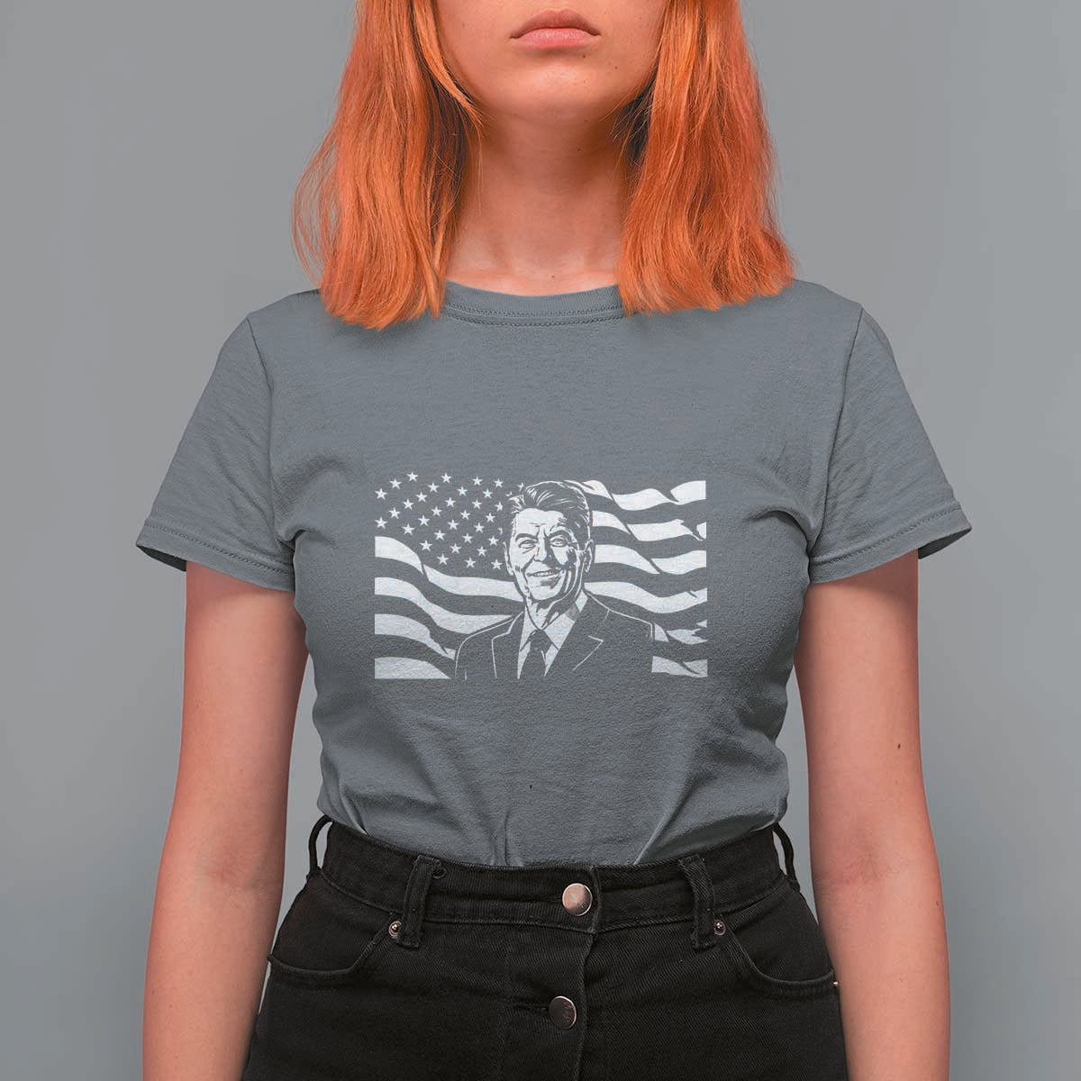 Ronald Reagan America Flag US President T Shirt For Women