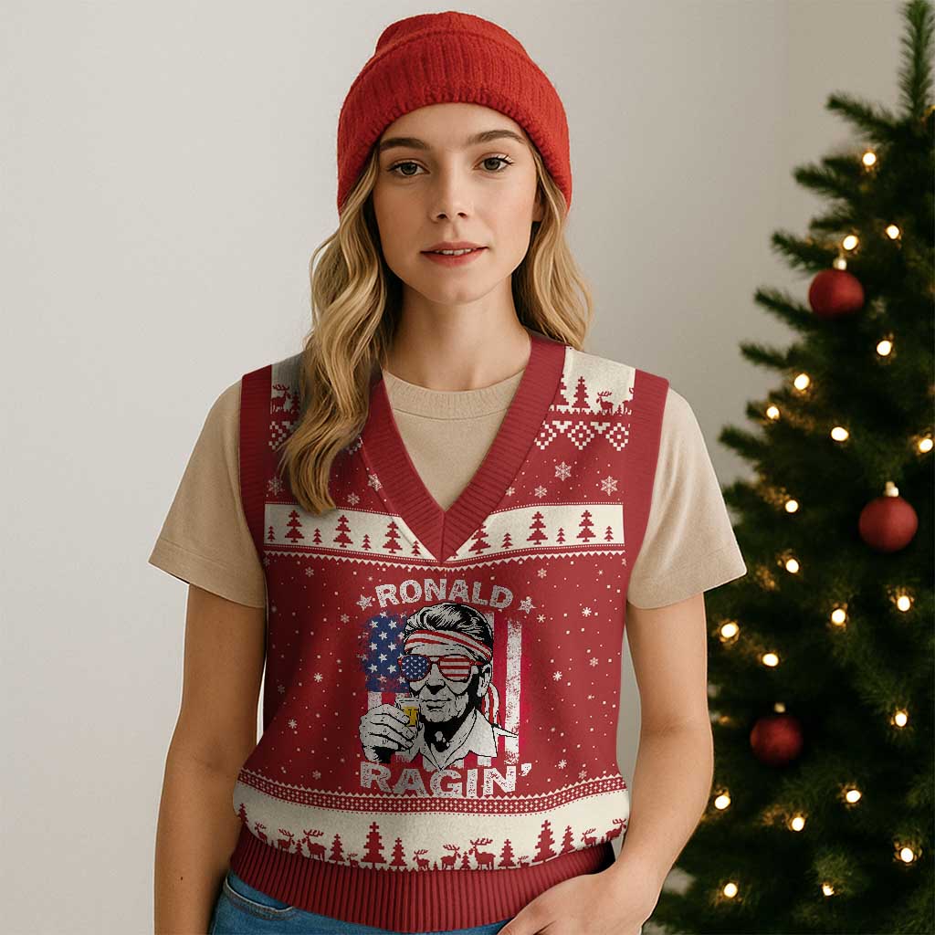 Ronald Reagan V-Neck Knit Sweater Vest 4th of July America Flag Beer