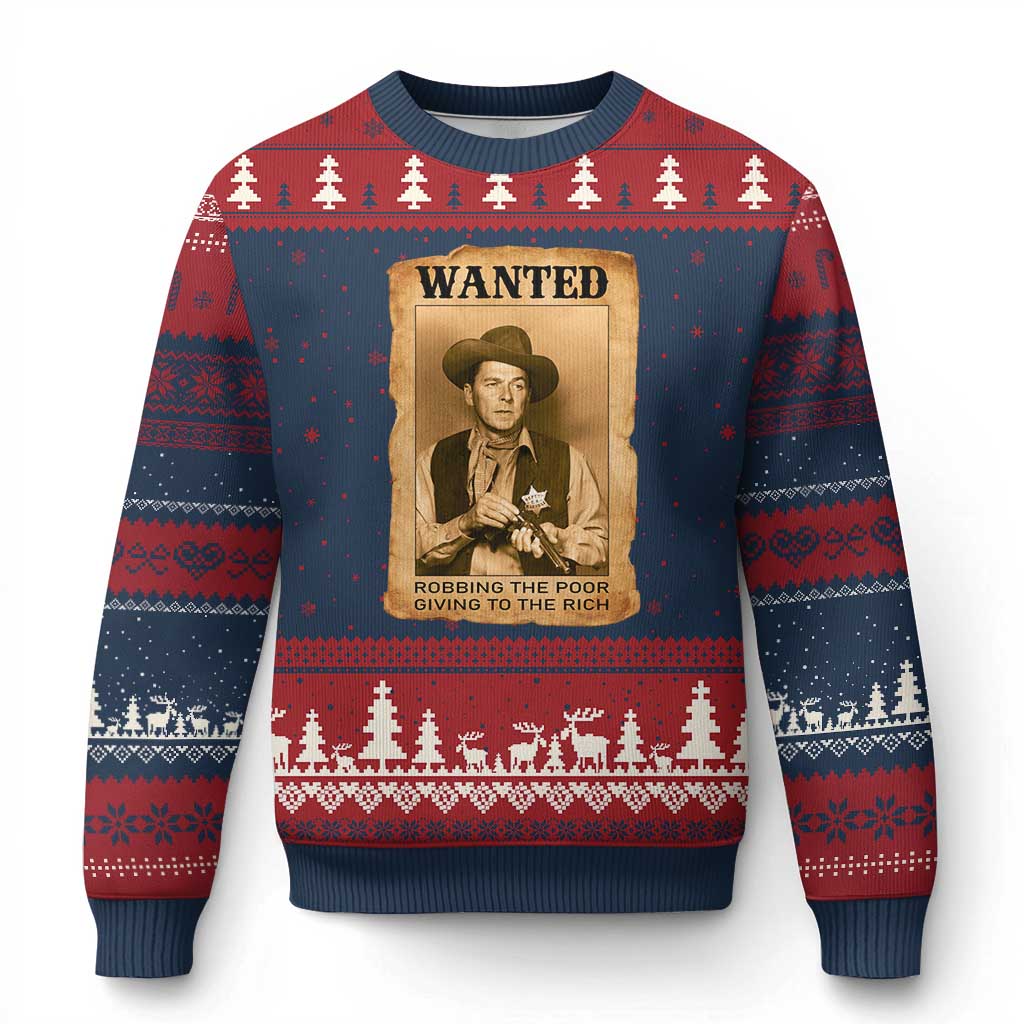 Ronald Reagan Cowboy Retro American President Ugly Christmas Sweater Robbing The Poor GIving To Te Rich