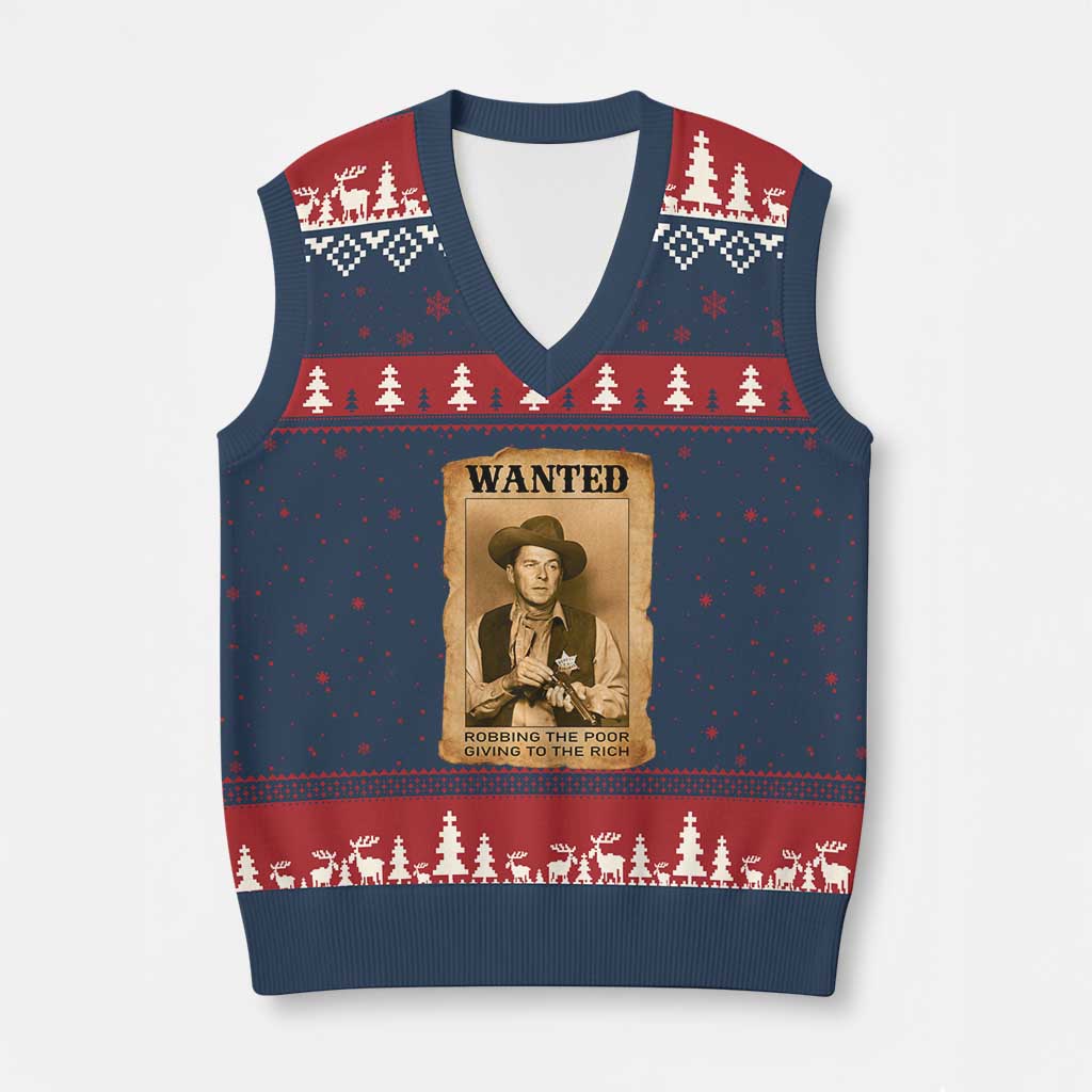 Ronald Reagan Cowboy Retro American President V-Neck Knit Sweater Vest Robbing The Poor GIving To Te Rich