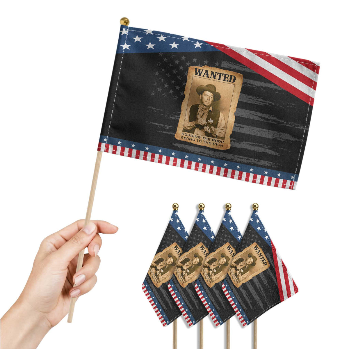 Ronald Reagan Cowboy Retro American President Patriotic Handheld Flag Robbing The Poor GIving To Te Rich