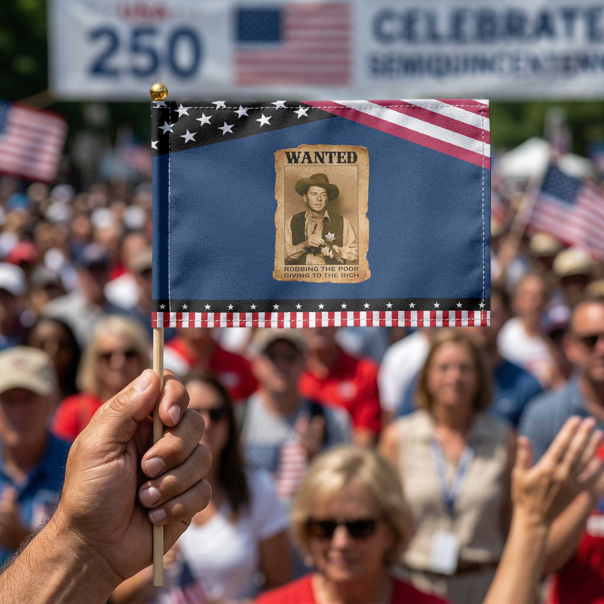 Ronald Reagan Cowboy Retro American President Patriotic Handheld Flag Robbing The Poor GIving To Te Rich