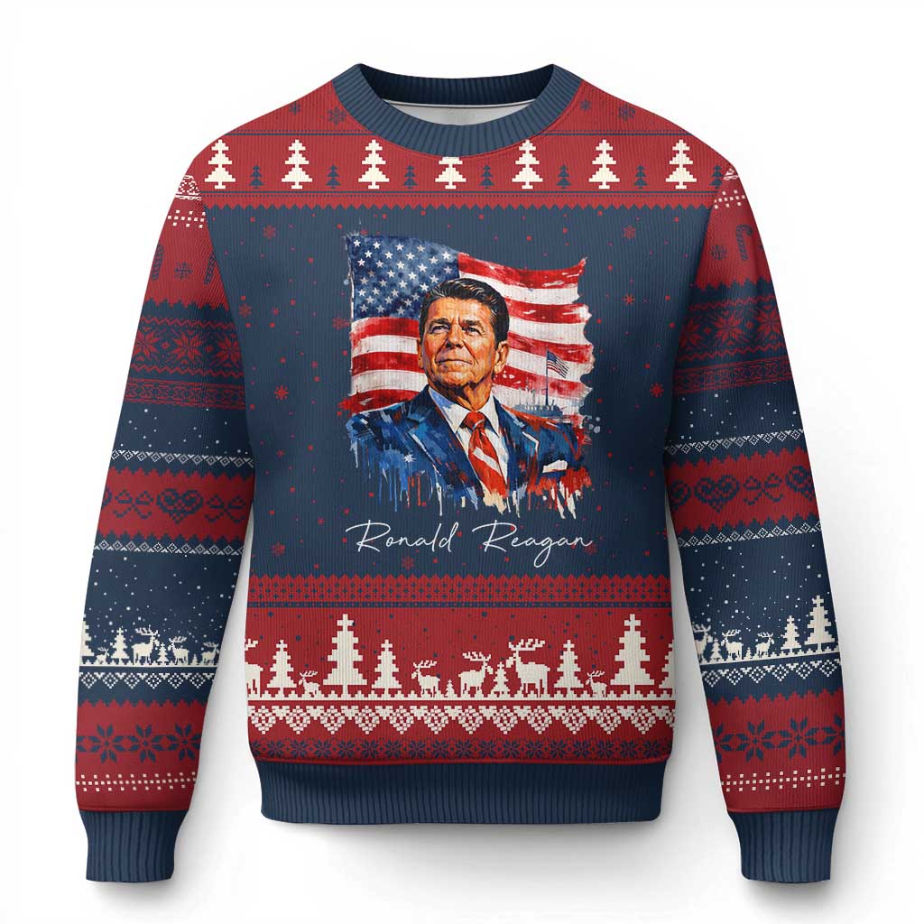 Ronald Regan Patriotic American Flag President Ugly Christmas Sweater