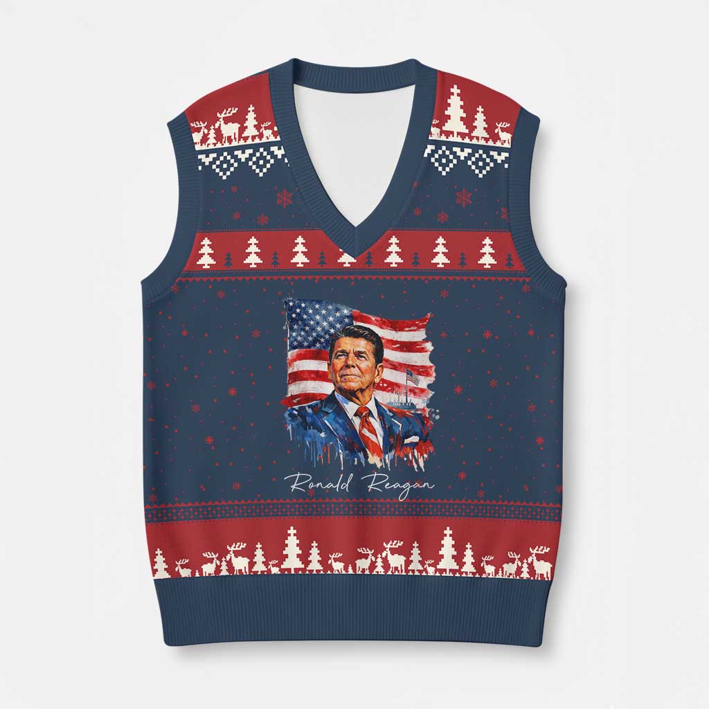 Ronald Regan Patriotic American Flag President V-Neck Knit Sweater Vest