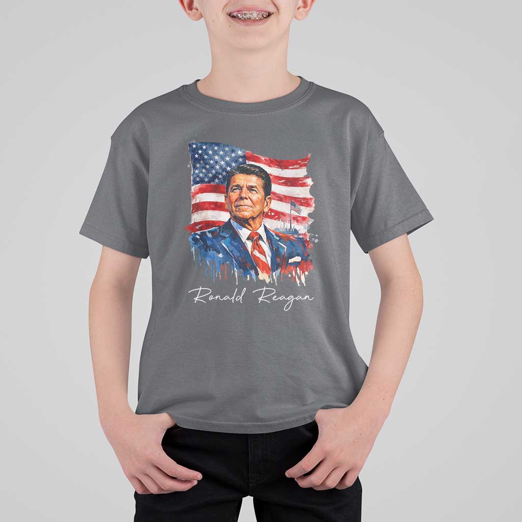 Ronald Regan Patriotic American Flag President T Shirt For Kid