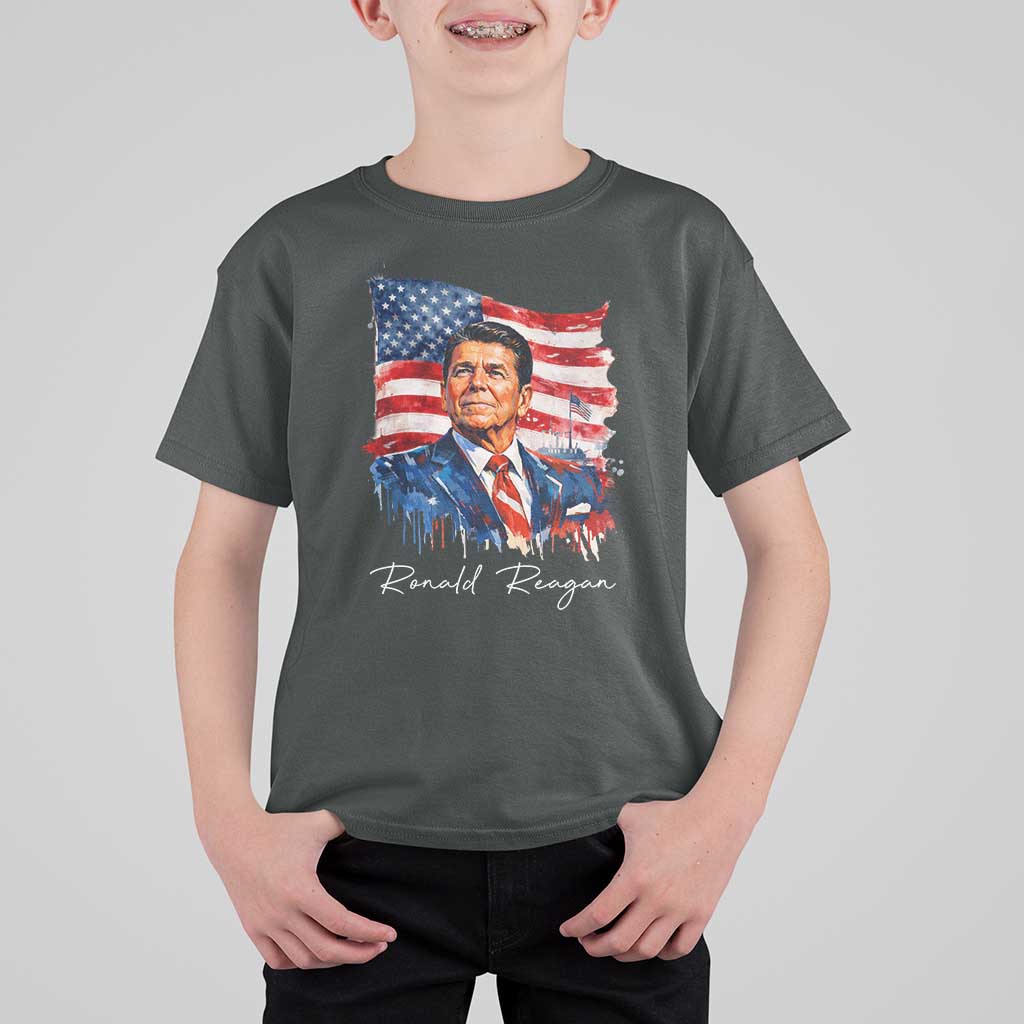 Ronald Regan Patriotic American Flag President T Shirt For Kid