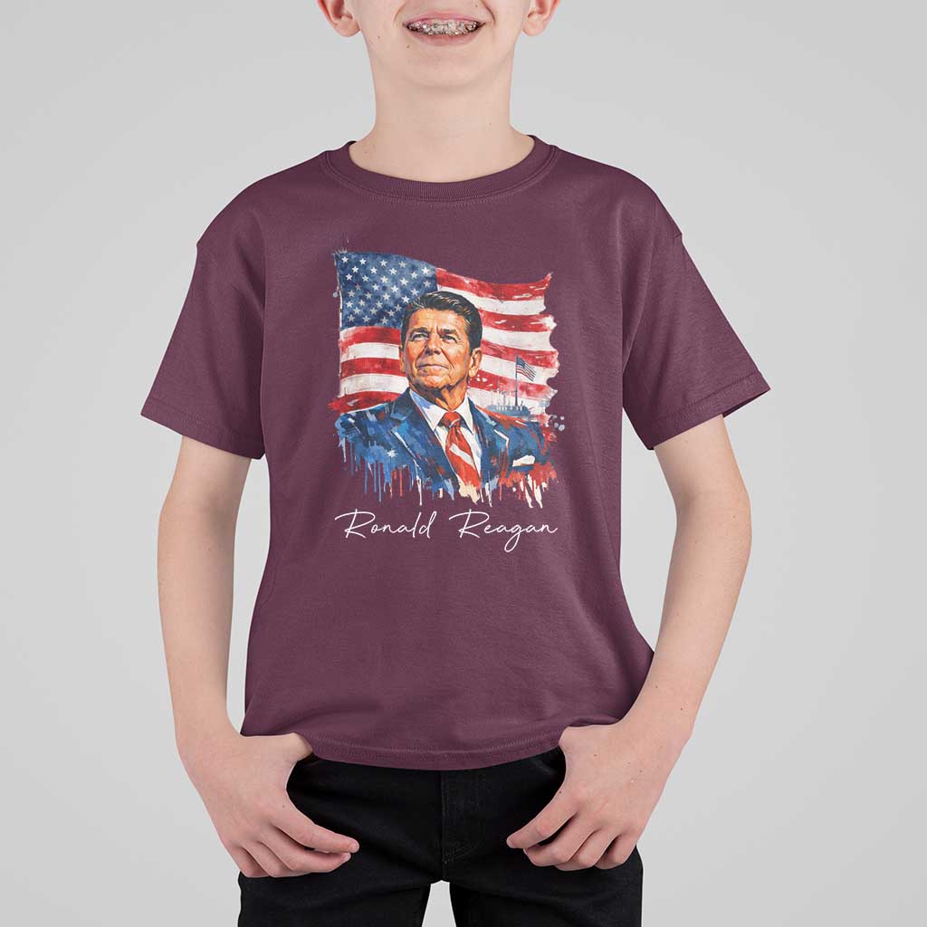 Ronald Regan Patriotic American Flag President T Shirt For Kid