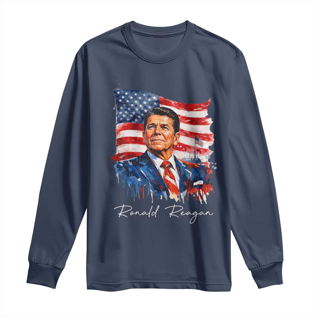 Ronald Regan Patriotic American Flag President Long Sleeve Shirt