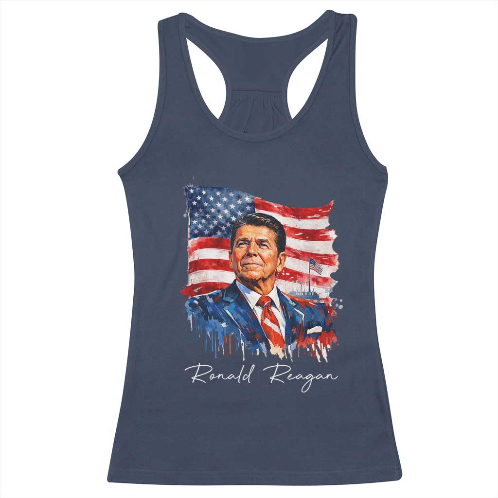 Ronald Regan Patriotic American Flag President Racerback Tank Top