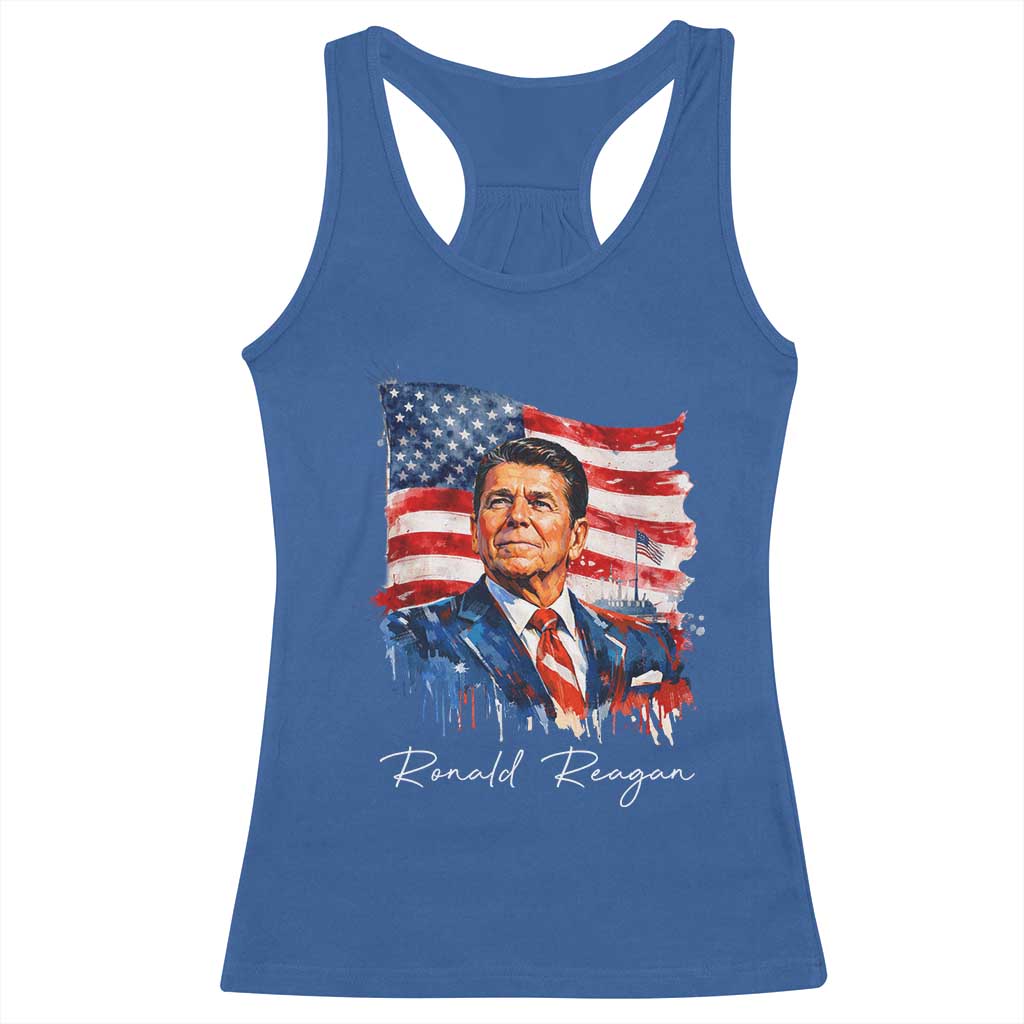 Ronald Regan Patriotic American Flag President Racerback Tank Top