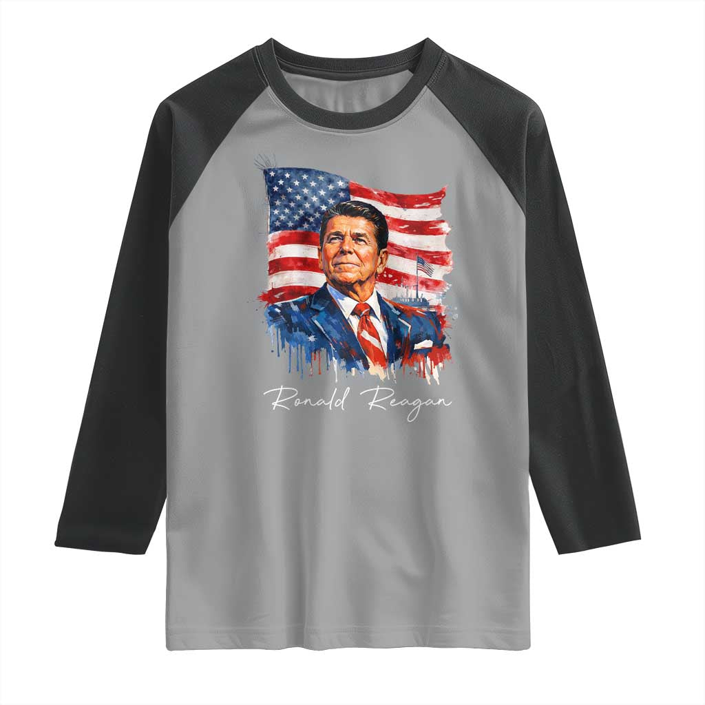 Ronald Regan Patriotic American Flag President Raglan Shirt