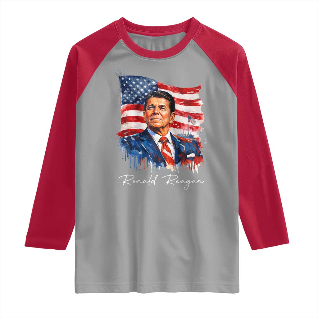 Ronald Regan Patriotic American Flag President Raglan Shirt