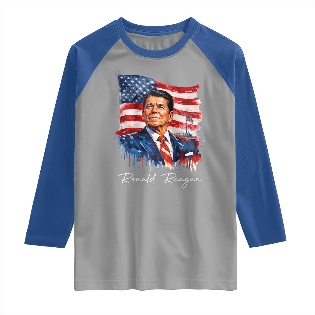 Ronald Regan Patriotic American Flag President Raglan Shirt