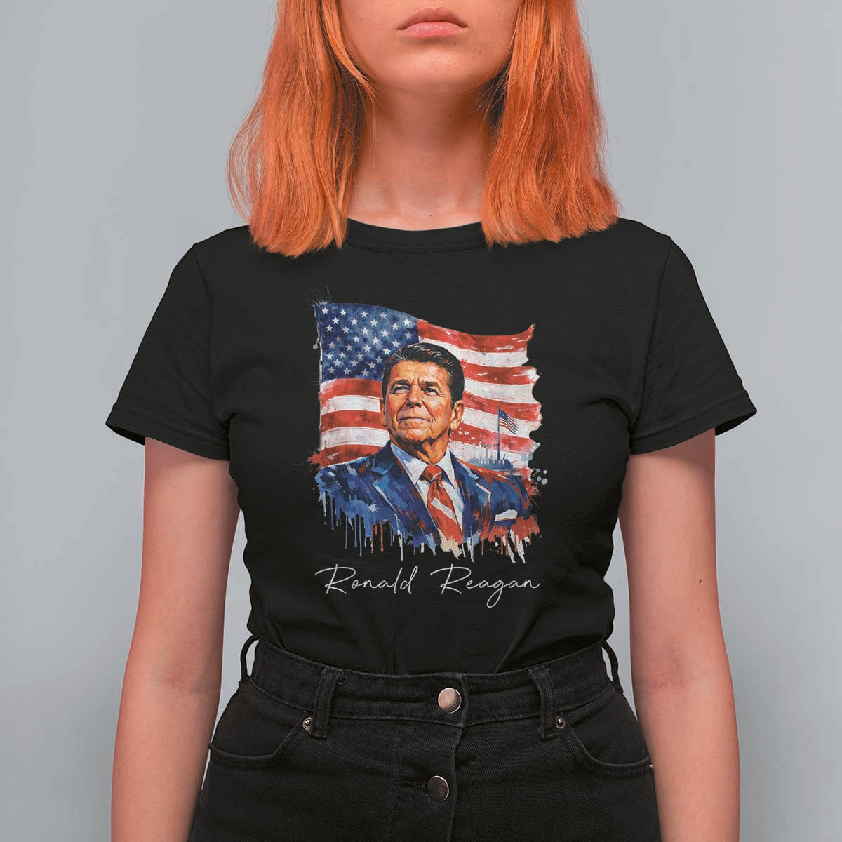 Ronald Regan Patriotic American Flag President T Shirt For Women