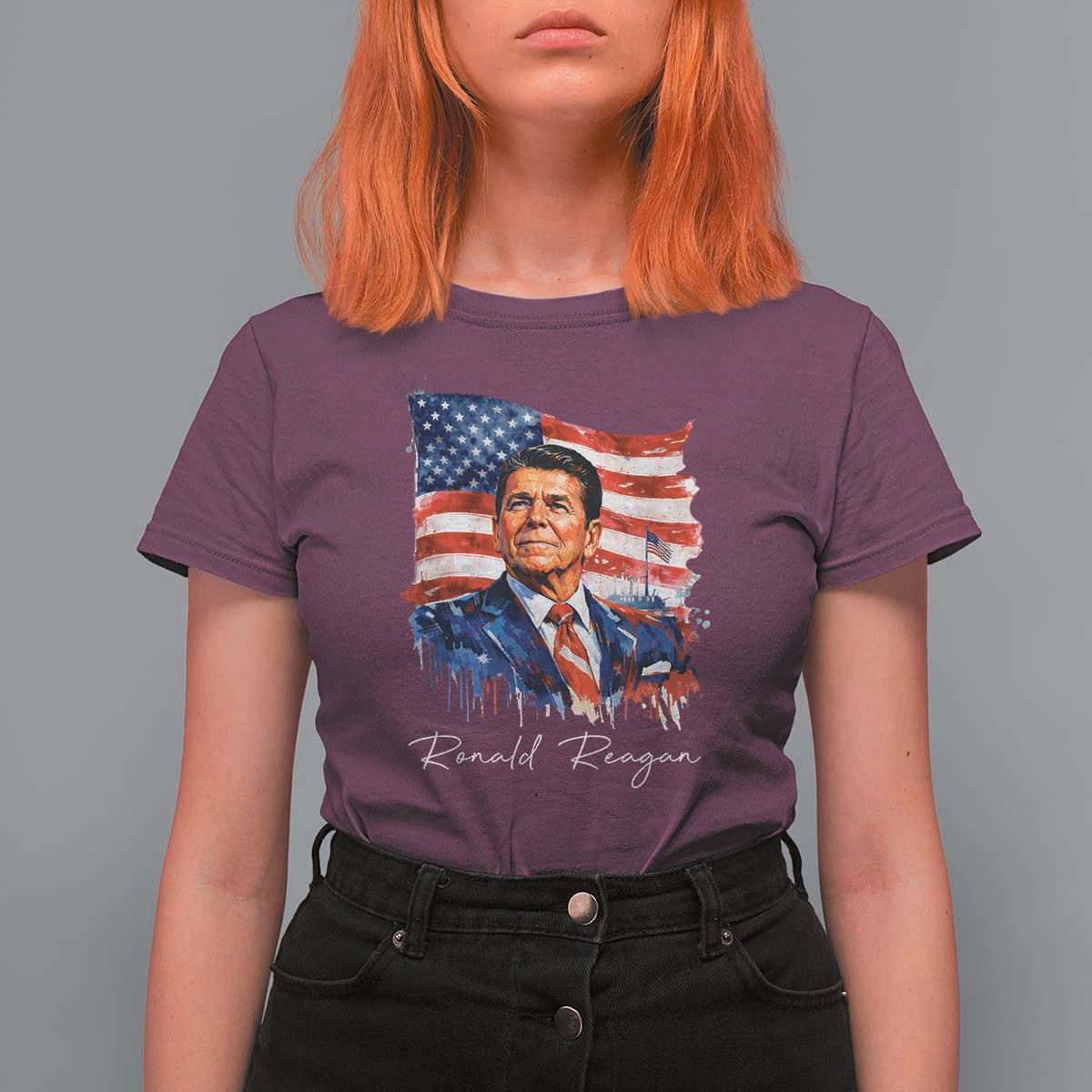 Ronald Regan Patriotic American Flag President T Shirt For Women