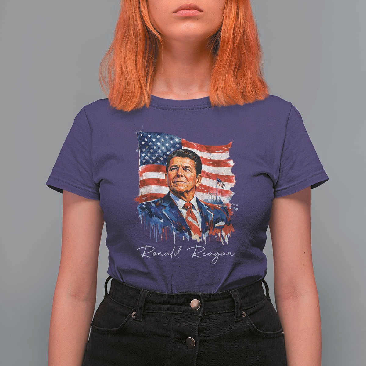 Ronald Regan Patriotic American Flag President T Shirt For Women