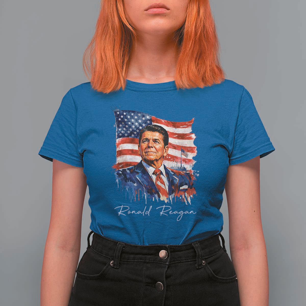 Ronald Regan Patriotic American Flag President T Shirt For Women