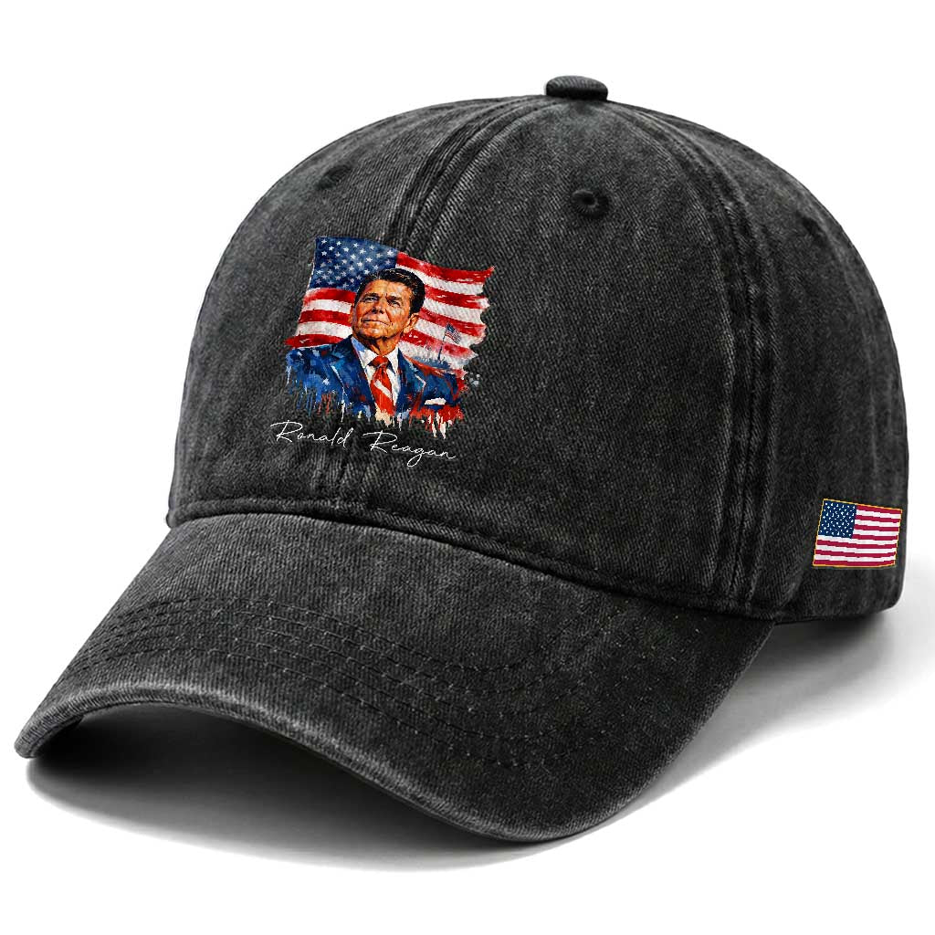 Ronald Regan Patriotic American Flag President Washed Cotton Baseball Cap