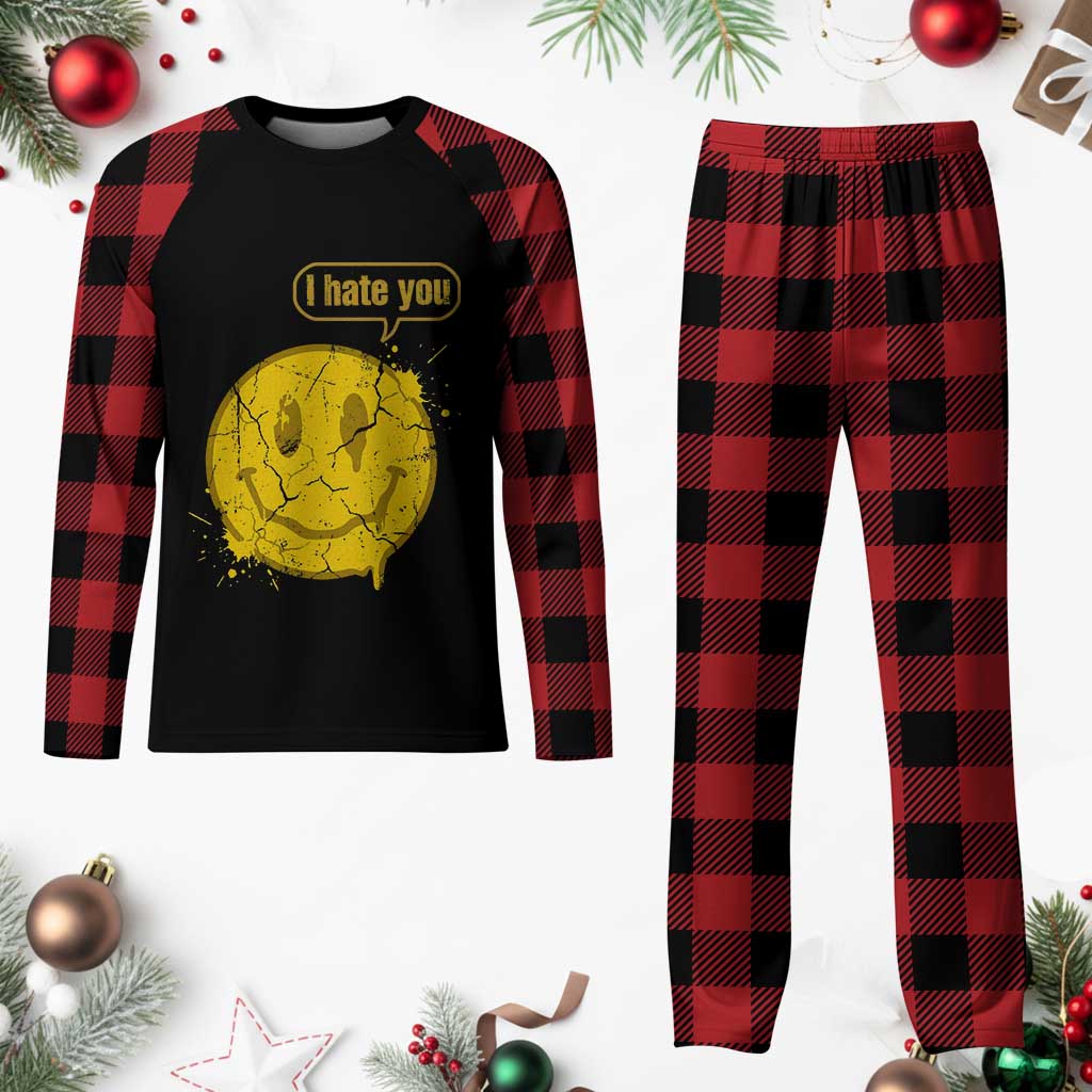 I Hate You Plaid Pajama Set Vintage Yellow Happy Smile Face