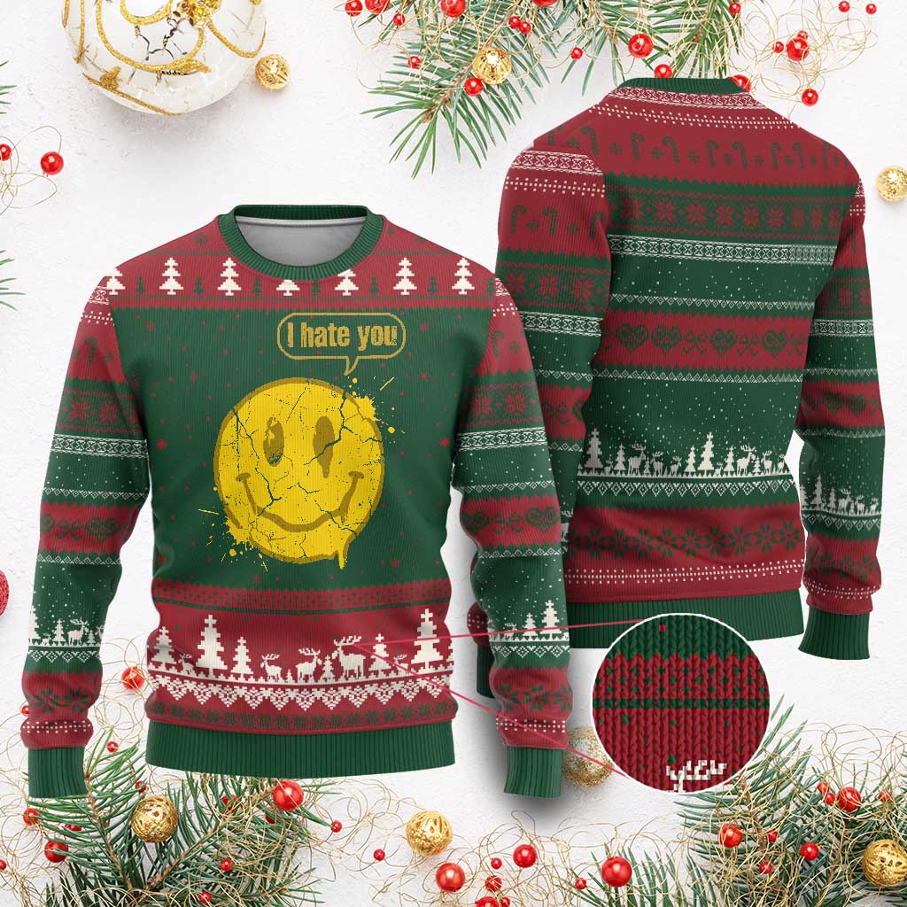 I Hate You Ugly Christmas Sweater Vintage Yellow Happy Smile Face