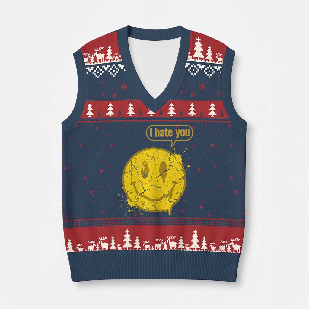 I Hate You V-Neck Knit Sweater Vest Vintage Yellow Happy Smile Face