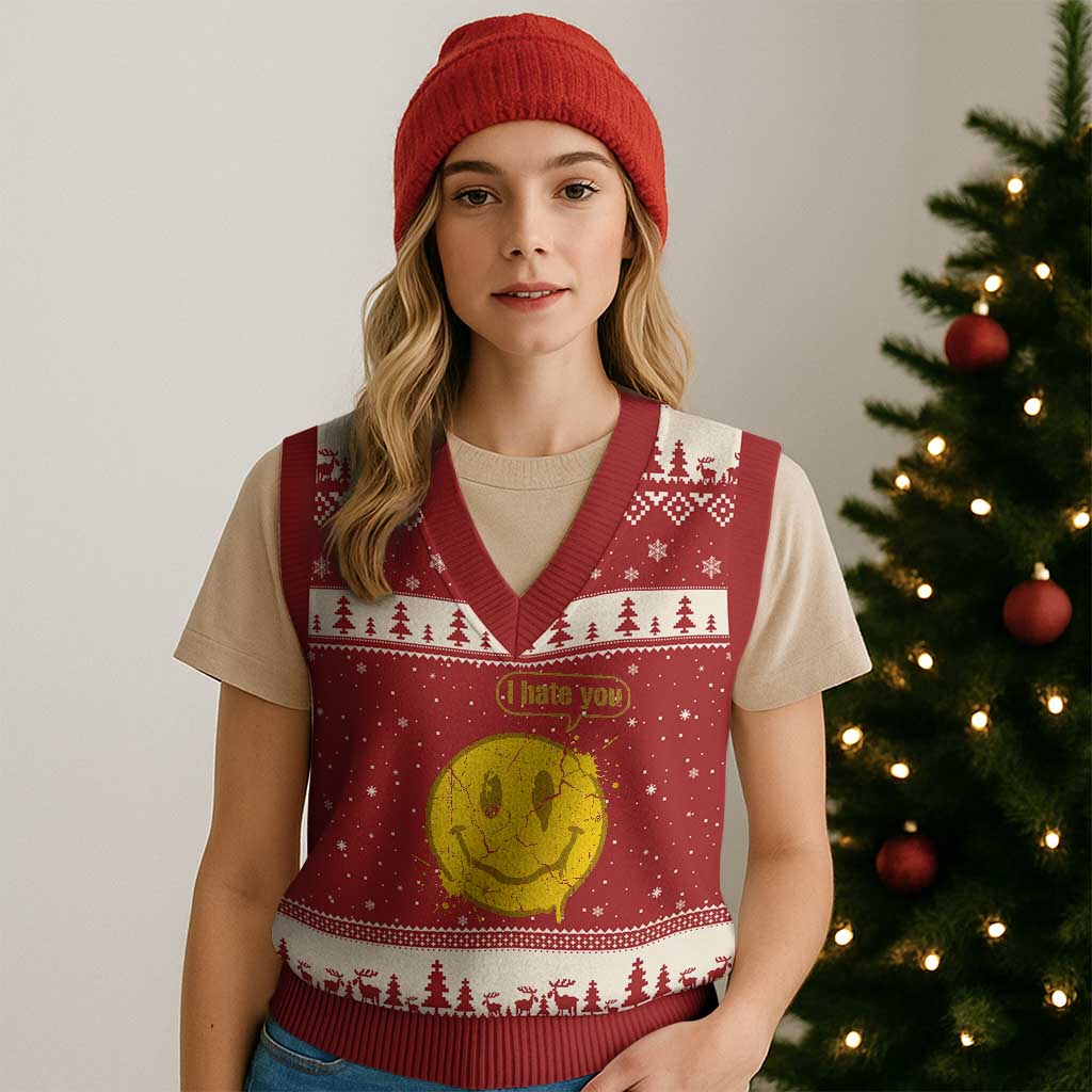 I Hate You V-Neck Knit Sweater Vest Vintage Yellow Happy Smile Face