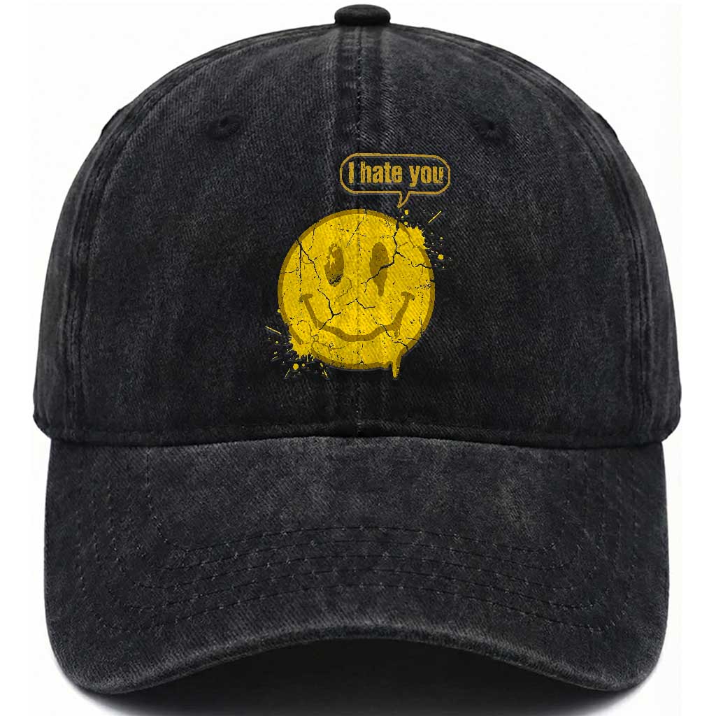 I Hate You Washed Cotton Baseball Cap Vintage Yellow Happy Smile Face
