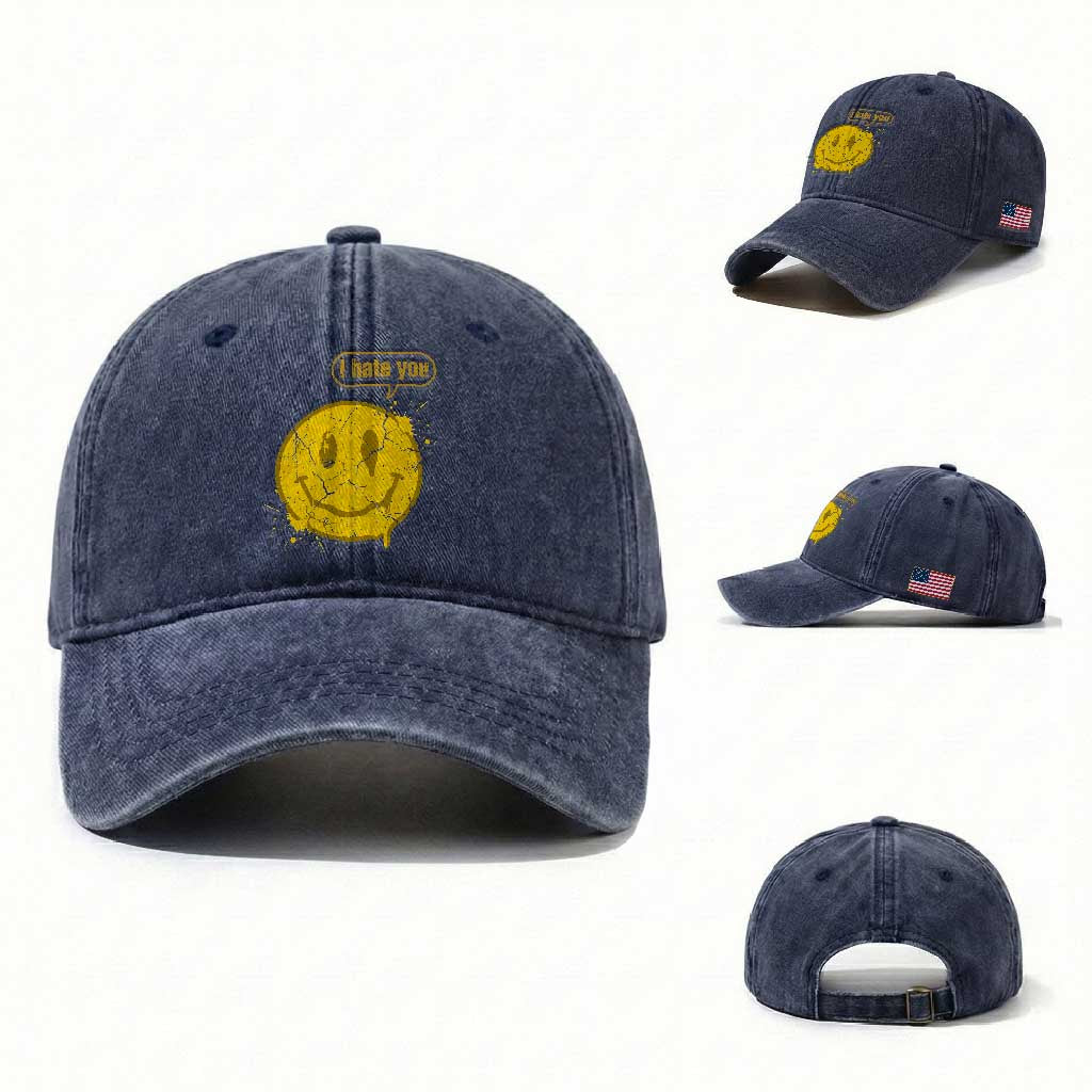 I Hate You Washed Cotton Baseball Cap Vintage Yellow Happy Smile Face