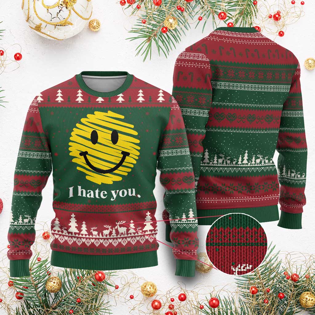 I Hate You Smile Face Meme Ugly Christmas Sweater Viral Sarcastic Humor