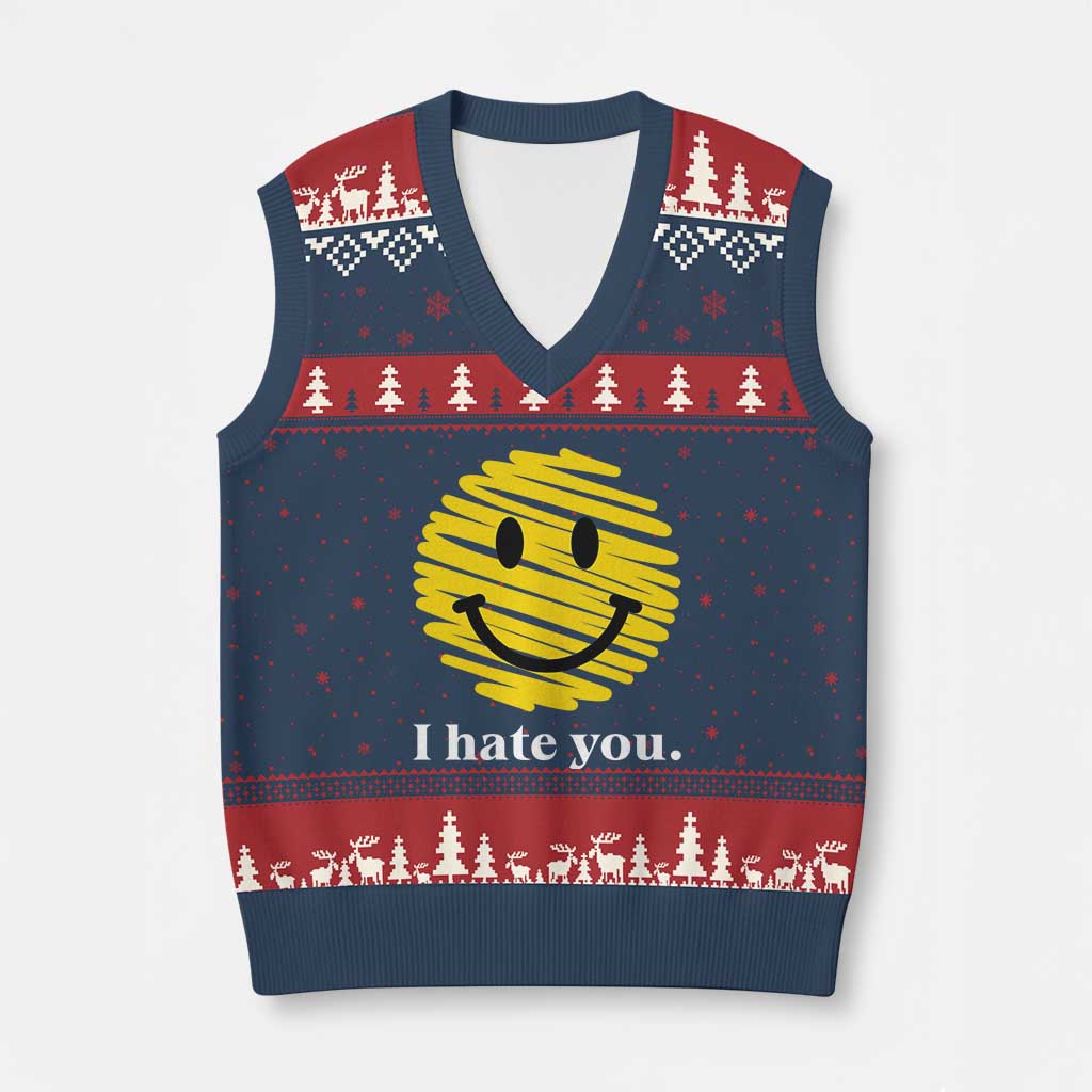 I Hate You Smile Face Meme V-Neck Knit Sweater Vest Viral Sarcastic Humor