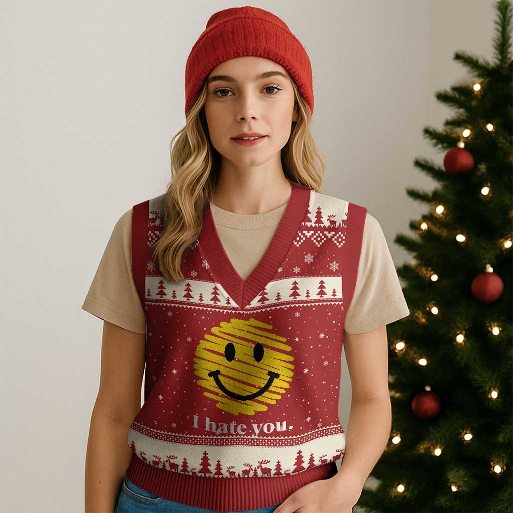 I Hate You Smile Face Meme V-Neck Knit Sweater Vest Viral Sarcastic Humor