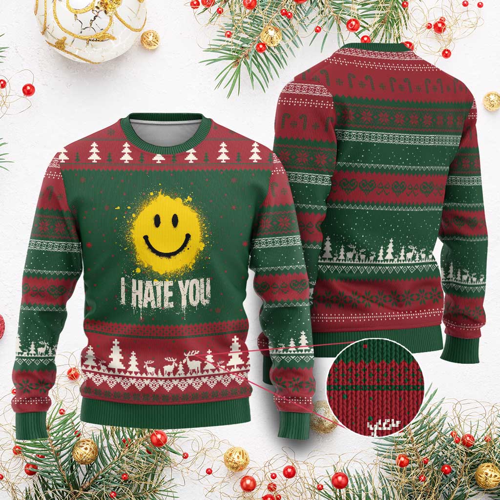 I Hate You Smile Face Ugly Christmas Sweater Funny Sarcastic Meme