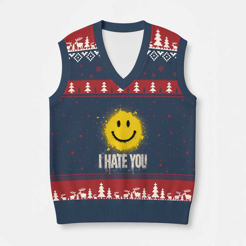 I Hate You Smile Face V-Neck Knit Sweater Vest Funny Sarcastic Meme