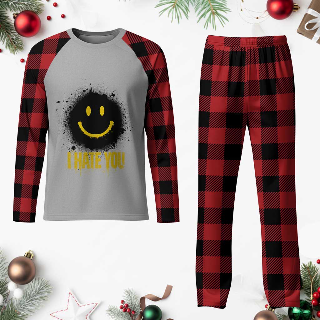 I Hate You Plaid Pajama Set Funny Smile Face Emoticon Meme