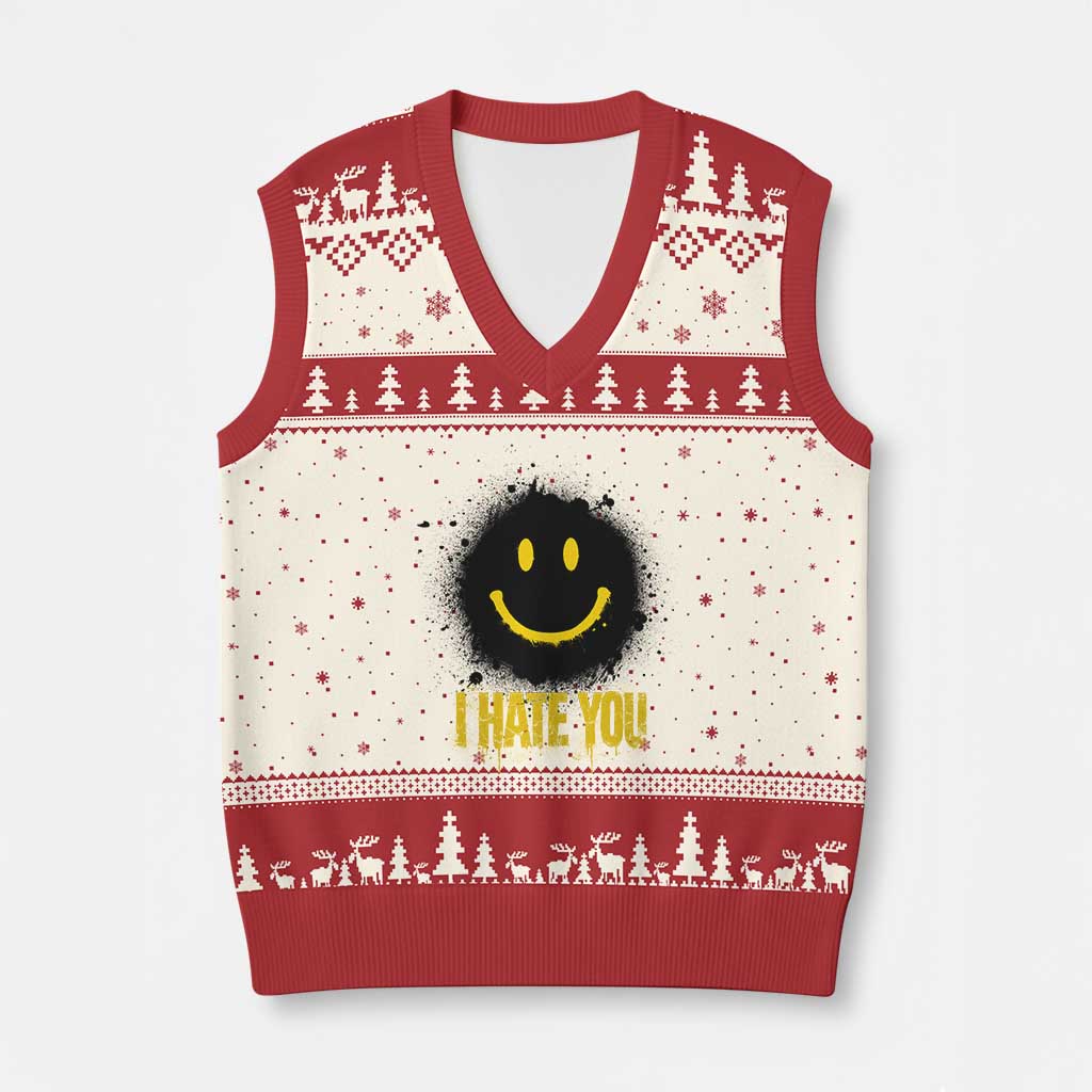 I Hate You V-Neck Knit Sweater Vest Funny Smile Face Emoticon Meme