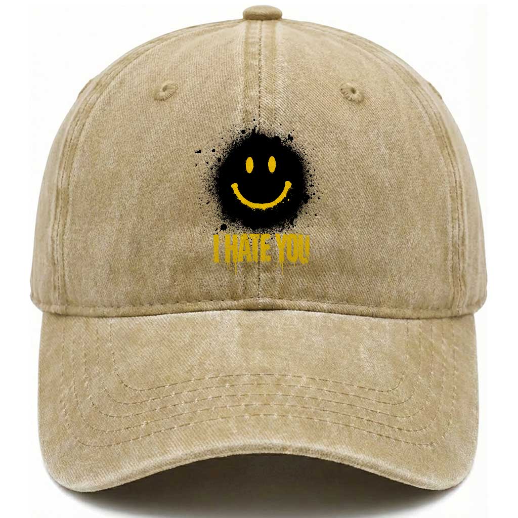 I Hate You Washed Cotton Baseball Cap Funny Smile Face Emoticon Meme
