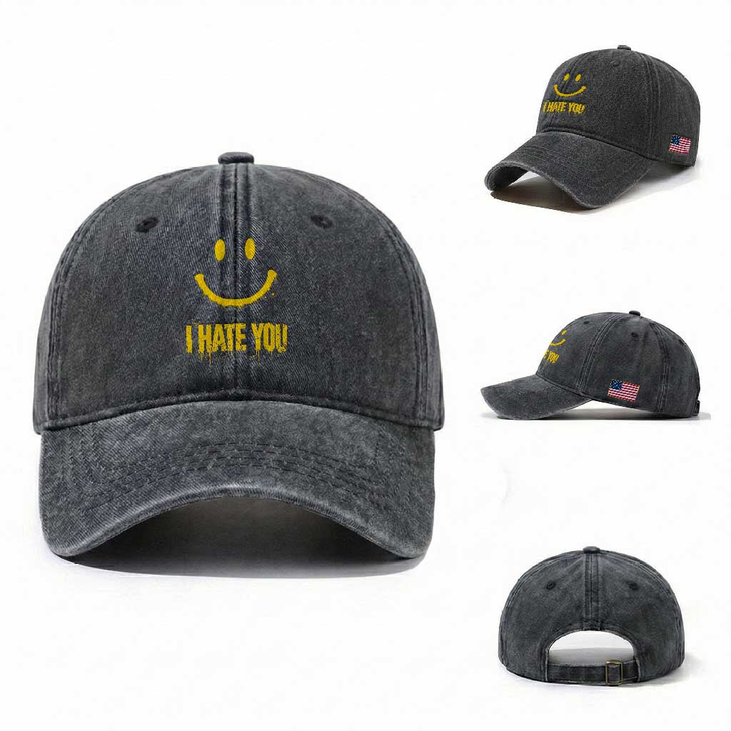 I Hate You Washed Cotton Baseball Cap Funny Sarcastic Smiling Face Meme